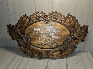 Vintage Carved Wood Wall Plaque All Things Work Together Rom 8:28 Religious